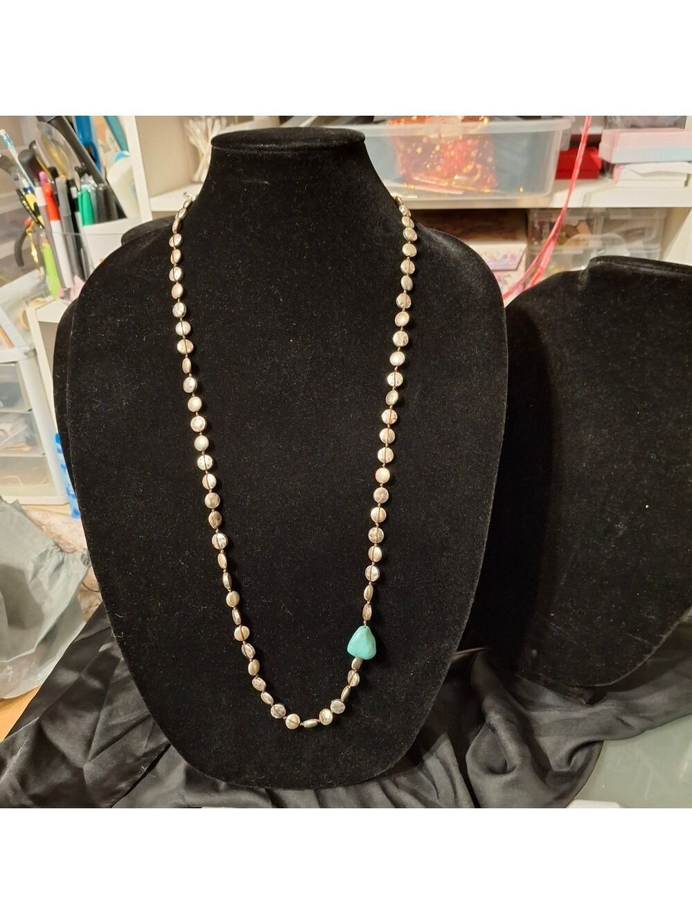 Lucky Brand Silver and Faux Turquoise Beaded Necklace 34"